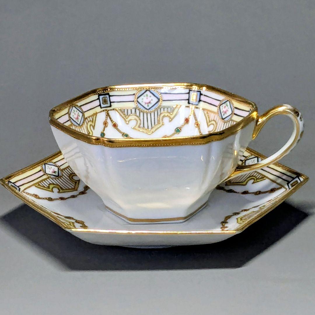 オールドノリタケ・金盛上陽刻薔薇柄 ガーランド装飾 ヘキサゴン