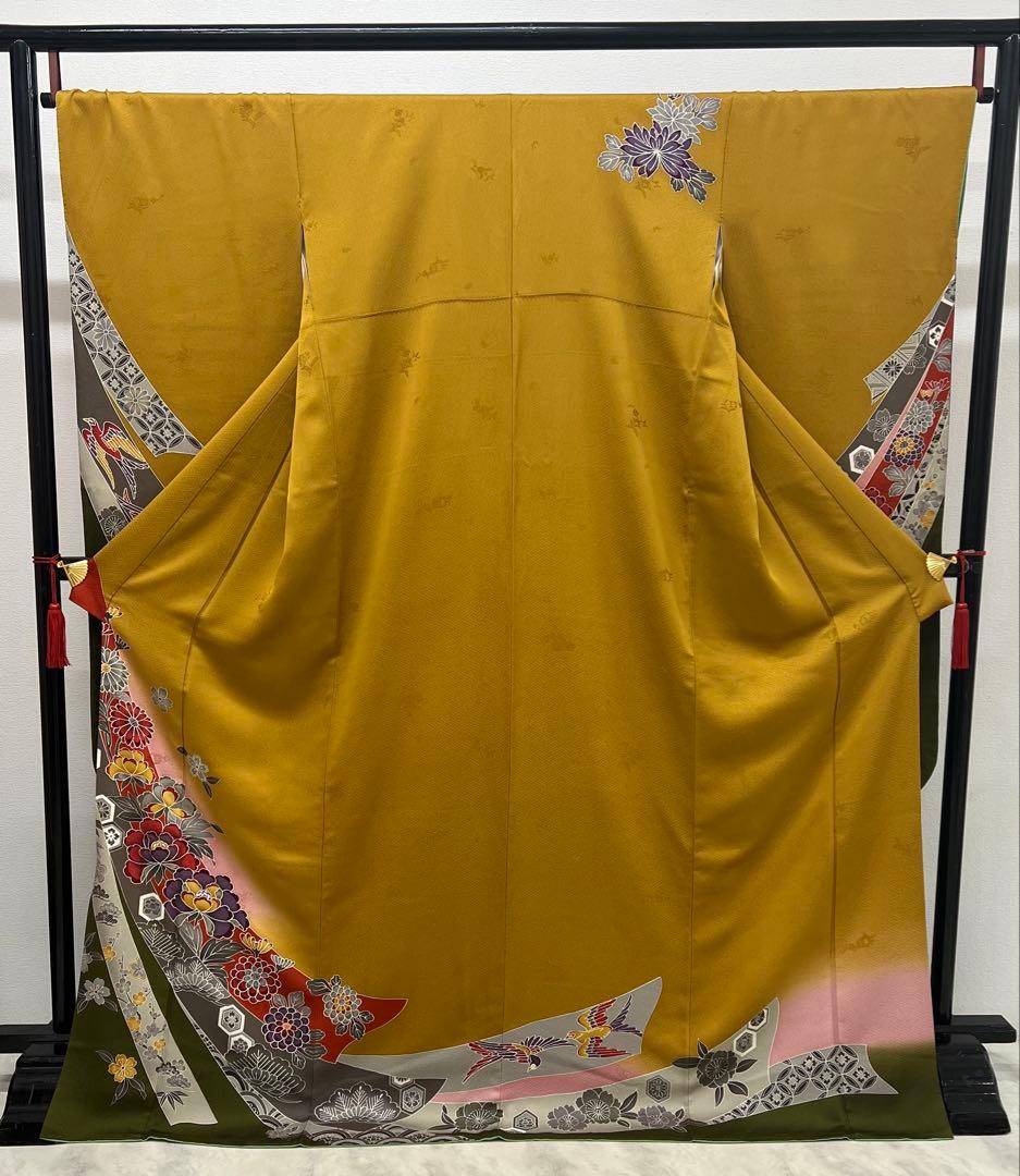 振り袖 フルセット 別誂長襦袢 美品 紅型 辛子色 成人式 結婚式 762