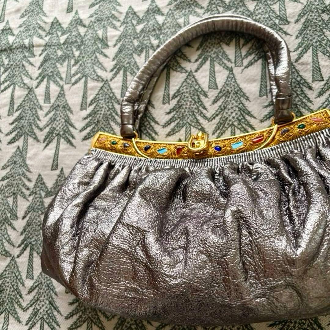 希少 濱野 ハマノHAMANO サンピエトロ 天然石飾りギャザーハンドバッグ