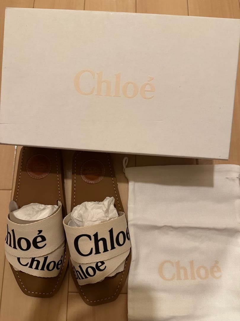【美品】Chloé フラットサンダル アイボリー　箱付き CHLOE クロエ フラットミュール キャンバス シアリング サンダル