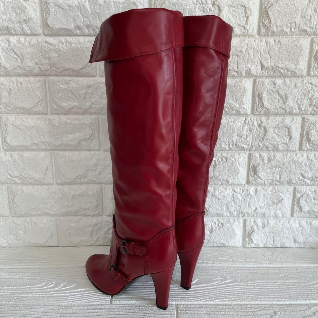 極美品】Sergio rossiレッド 本革ロング ブーツ 22.5ベルト装飾 - メルカリ