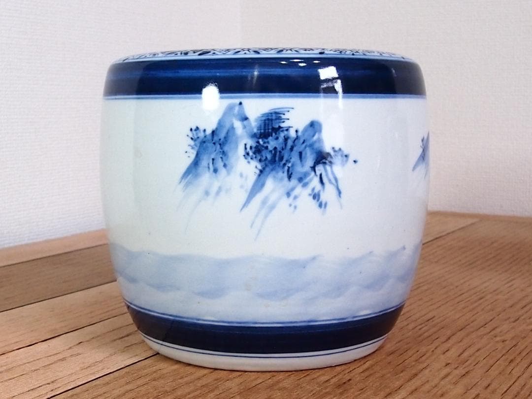 骨董・美品】染付山水手焙 一対/2個 絵変わり 火鉢/金魚鉢/メダカ鉢