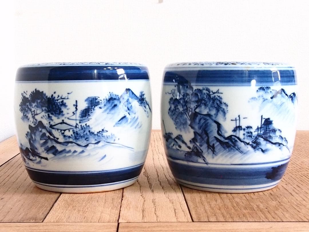 骨董・美品】染付山水手焙 一対/2個 絵変わり 火鉢/金魚鉢/メダカ鉢