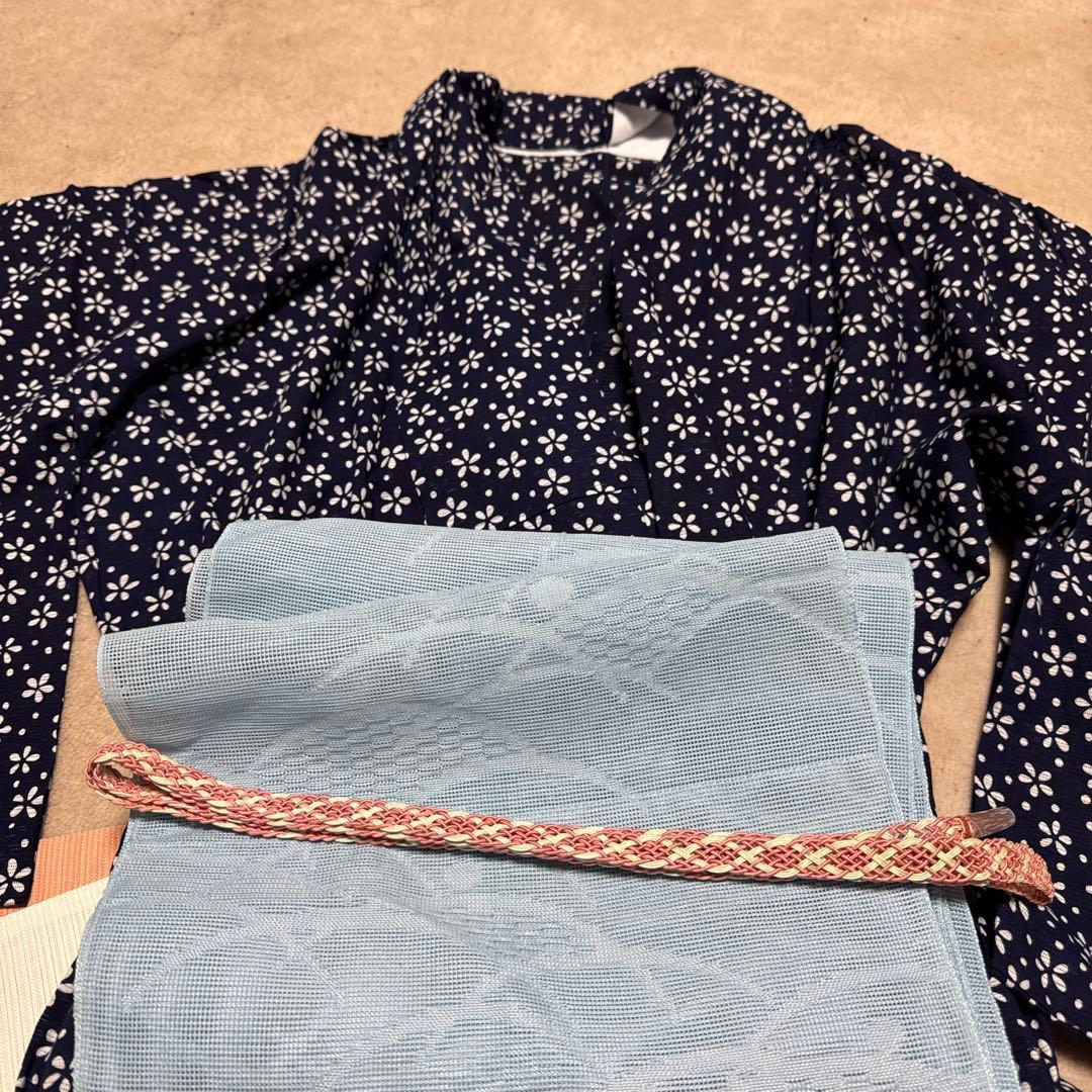 綿絽 夏着物 小紋着物セット 紺色花柄豪華7点セット