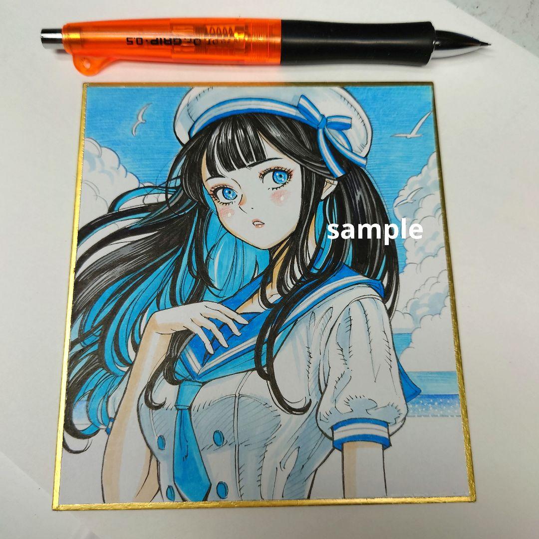 手描きイラスト 115】オリジナル原画色紙 同人「夏風に舞うマリン