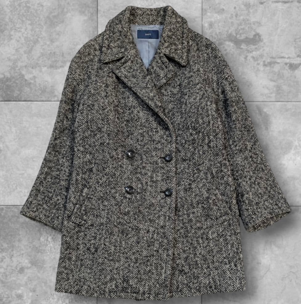 SHIPS ダブルブレスト ツイードコート ヘリンボーン コクーン
