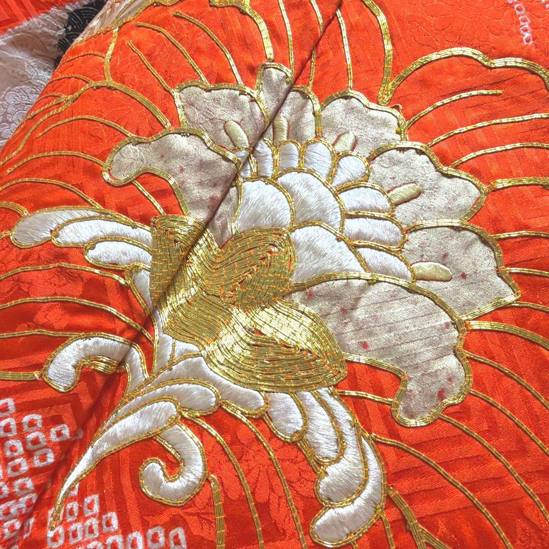 21 振袖フルセット 正絹 朱赤 黒 金彩 絞り 駒刺繍 レトロ