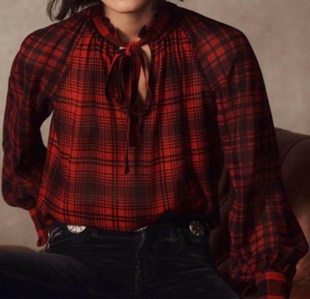 芸能人着用♡ラルフローレン シルクとろみリボンタイチェックブラウス