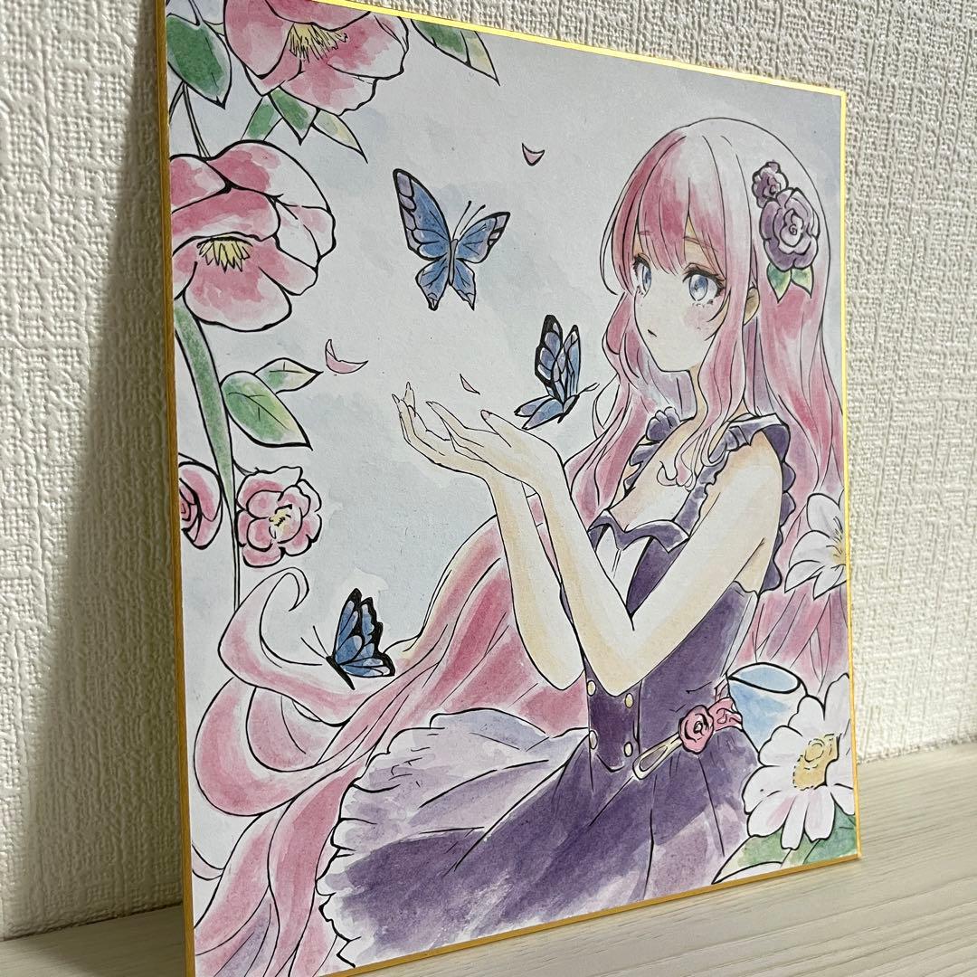 手描きイラスト オリジナル 水彩イラスト 花と少女14 （色紙イラスト