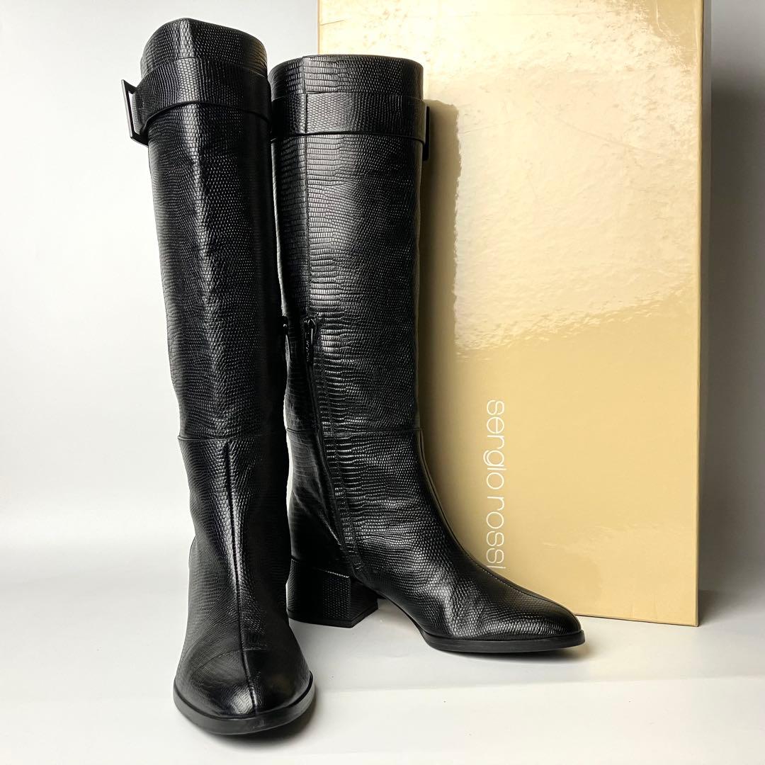 美品】セルジオロッシ リザードロングブーツ ブラックバックル 黒22.5