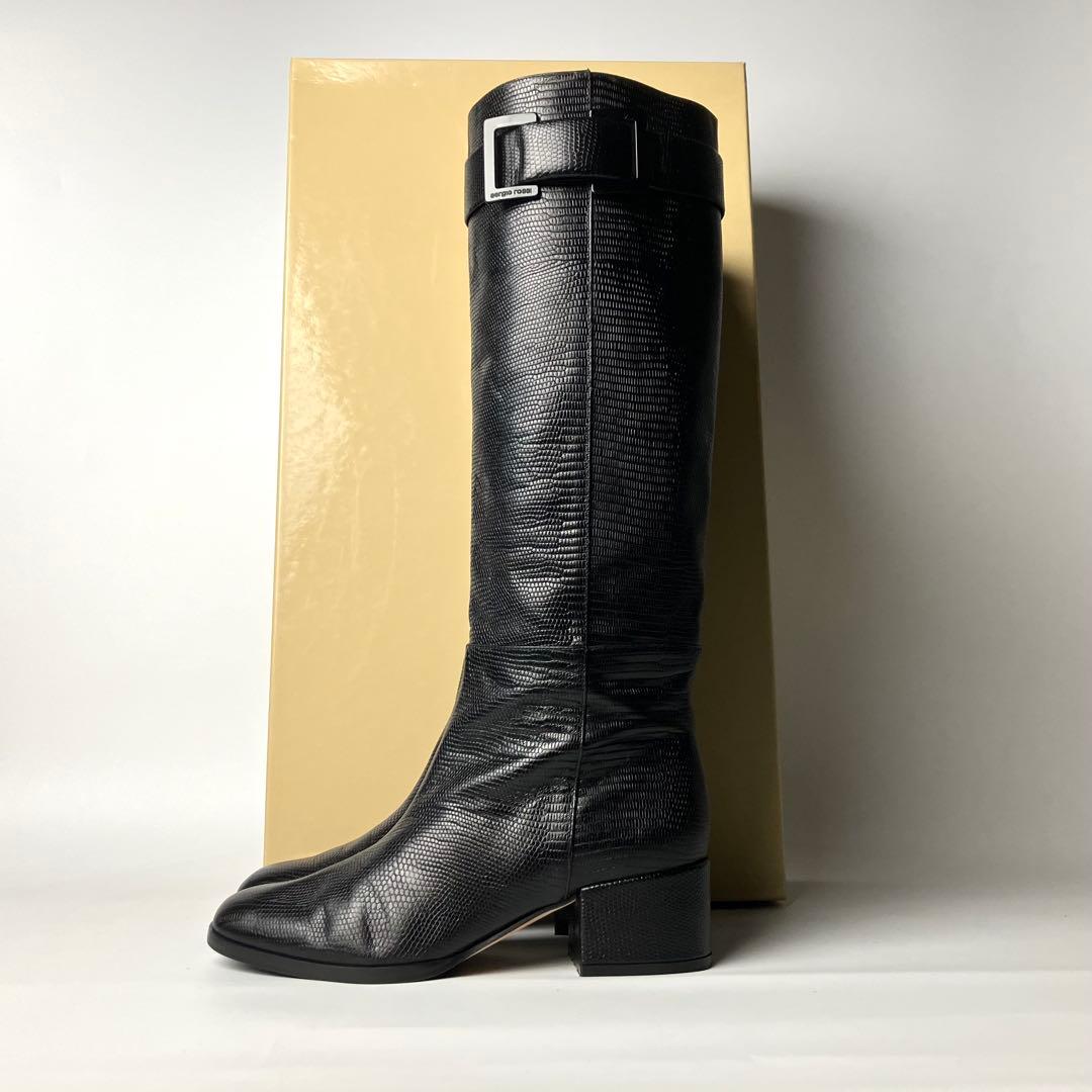 美品】セルジオロッシ リザードロングブーツ ブラックバックル 黒22.5