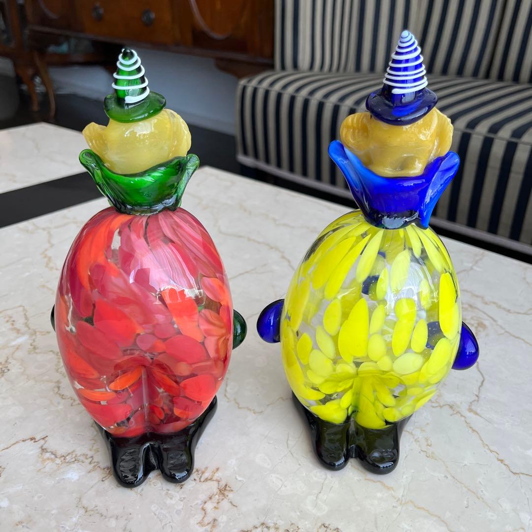 イタリア MURANO ベネチアンガラス ムラノガラス ピエロ置物2体セット