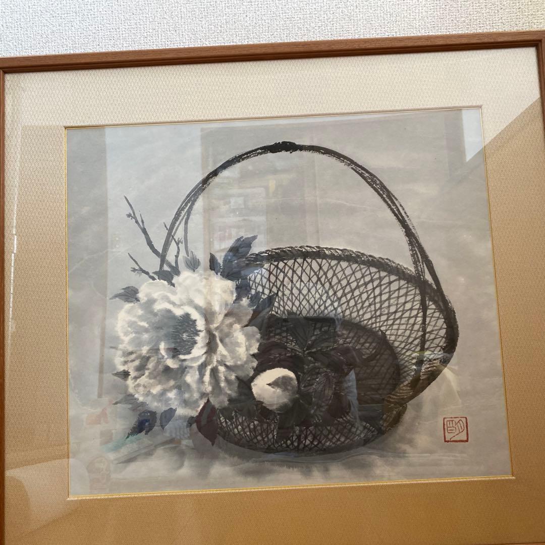 穐月明 籠の牡丹 日本画