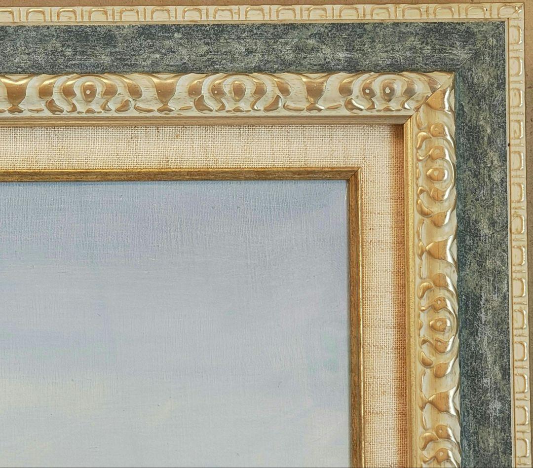 送料込】F30号 大型 油彩額縁 アクリル板 風景画付 空色と銀系 107cm