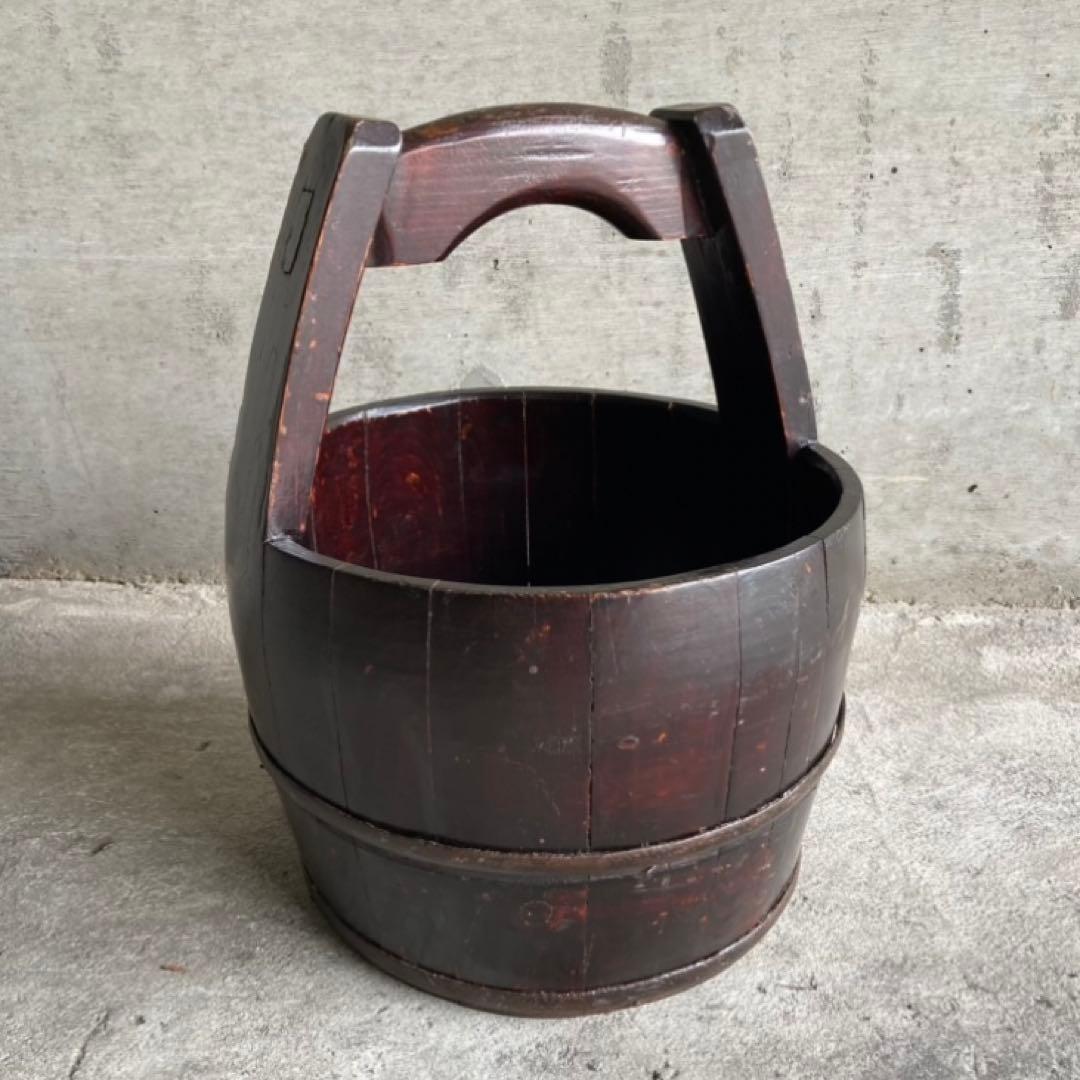 古い木桶 水汲み桶 バケツ 木製 花器 鉢 置物 古道具 レトロ