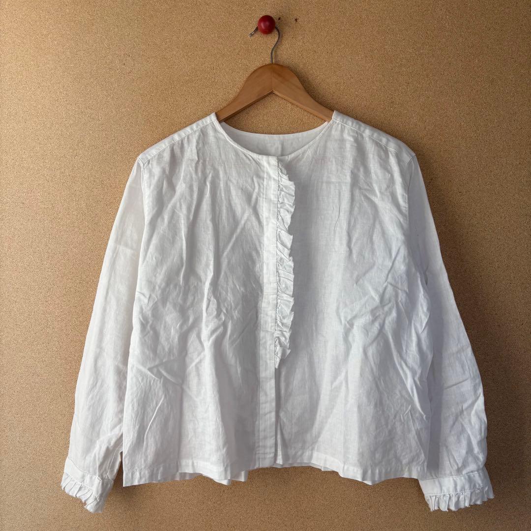 kagure かぐれ コットンリネンワッシャーフリルブラウス ノーカラー