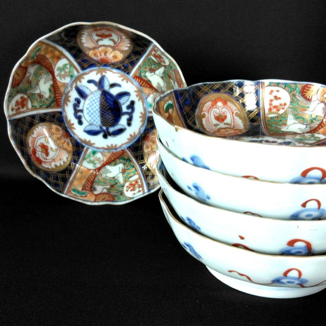 明治～大正 古伊万里 絢爛豪華 金襴手 二重角冨紋 膾皿 5客揃 角富 な
