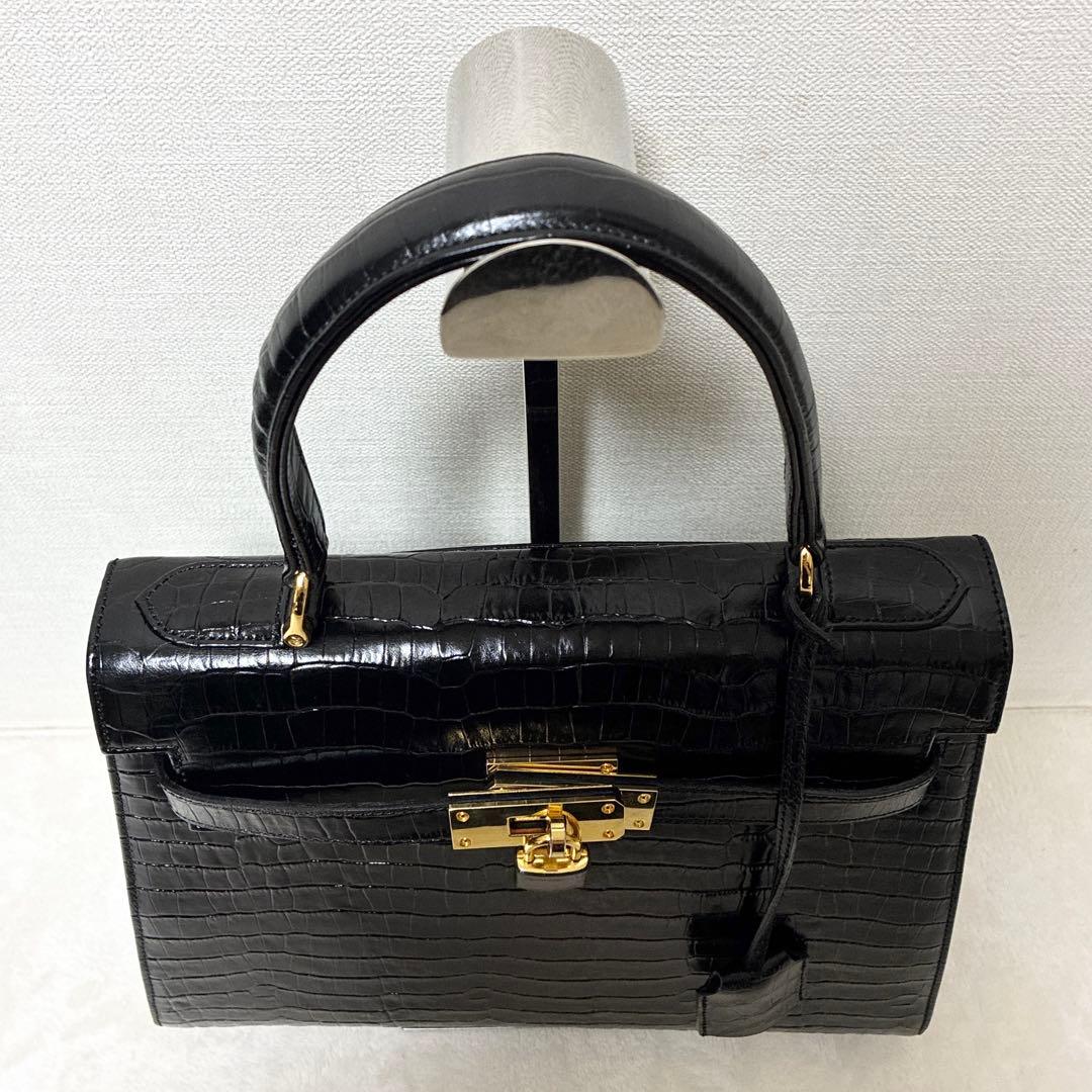美品 M&K TOKYO クロコダイル シャイニング センター ハンドバッグ 黒
