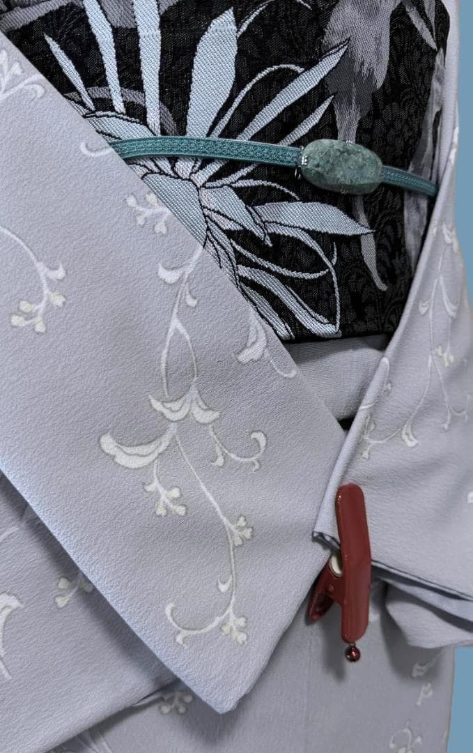 着物12 くるり 東レシルック 唐草紋様袷着物 グレー 身丈165裄丈