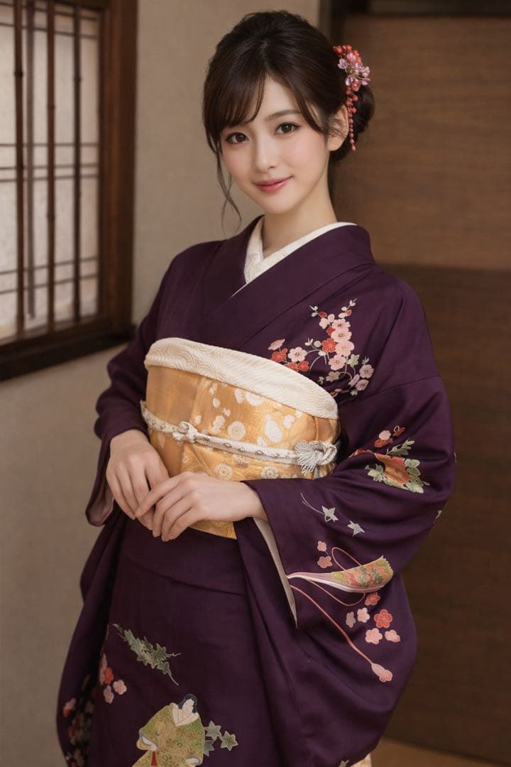 訪問着フルセット5点サイズM〜L手描き友禅正絹 六通柄袋帯唐織枝梅文