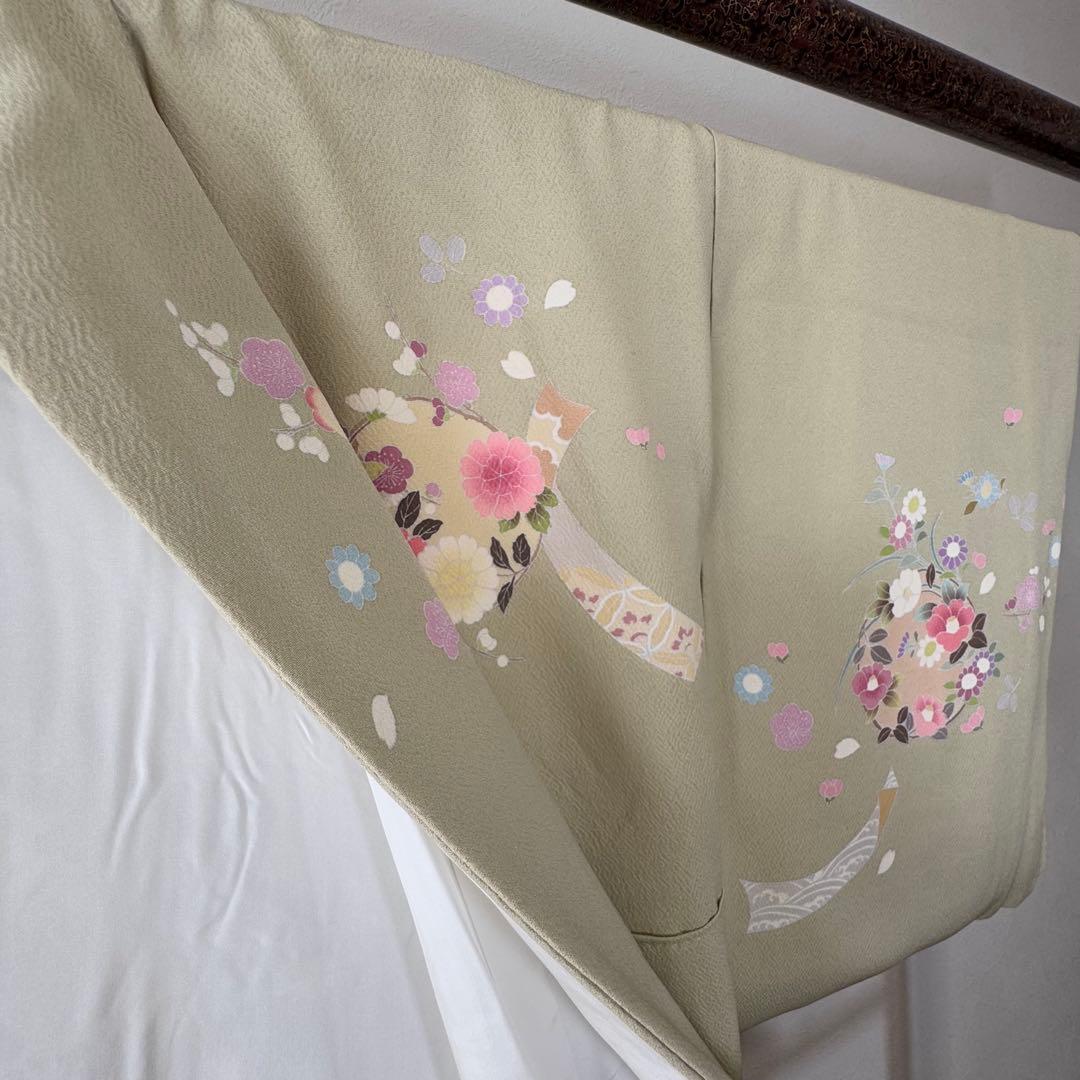 超美品 正絹 袷 現代 正統派 訪問着 着物 163 黄緑 鶯色 手書き 上品