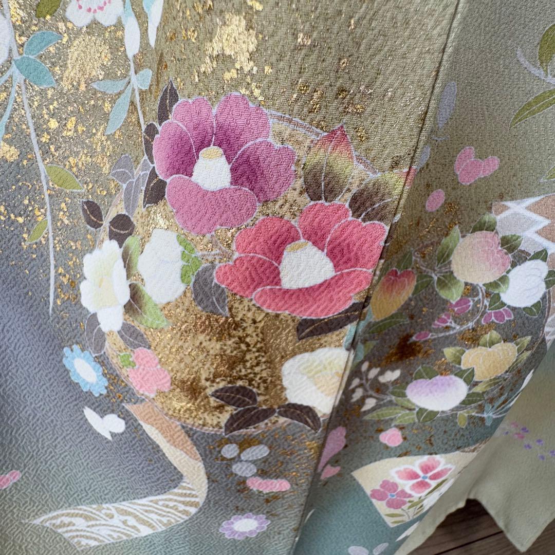 超美品 正絹 袷 現代 正統派 訪問着 着物 163 黄緑 鶯色 手書き 上品