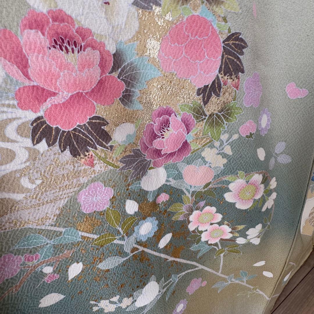 超美品 正絹 袷 現代 正統派 訪問着 着物 163 黄緑 鶯色 手書き 上品