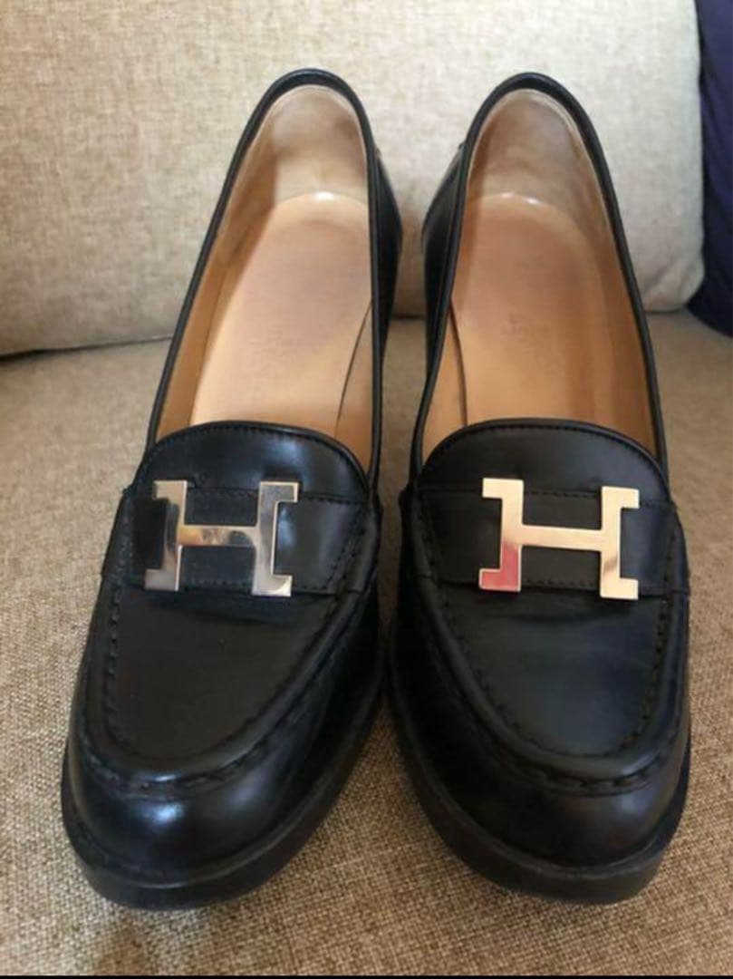SALE】HERMES エルメス ローファー ヒール 37 黒