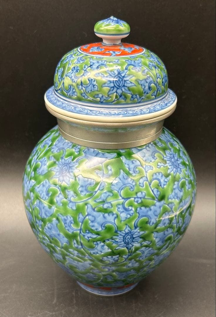 希少】源右衛門窯 館林源右衛門 緑彩唐草文 錫口 茶壺 茶道具 有田焼 共箱