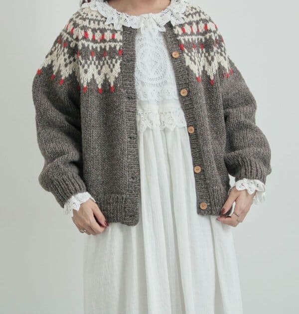 タグ付き ツハルバイサマンサモスモス ペルーニット カーディガンチャコールグレー セール】 【ペルーニット】ジャカード柄ニットカーディガン