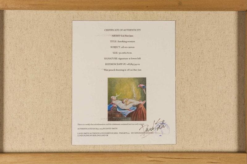 劉宝軍 油彩 肉筆『喫煙婦人』表サイン 画廊取扱シール F12号 額無