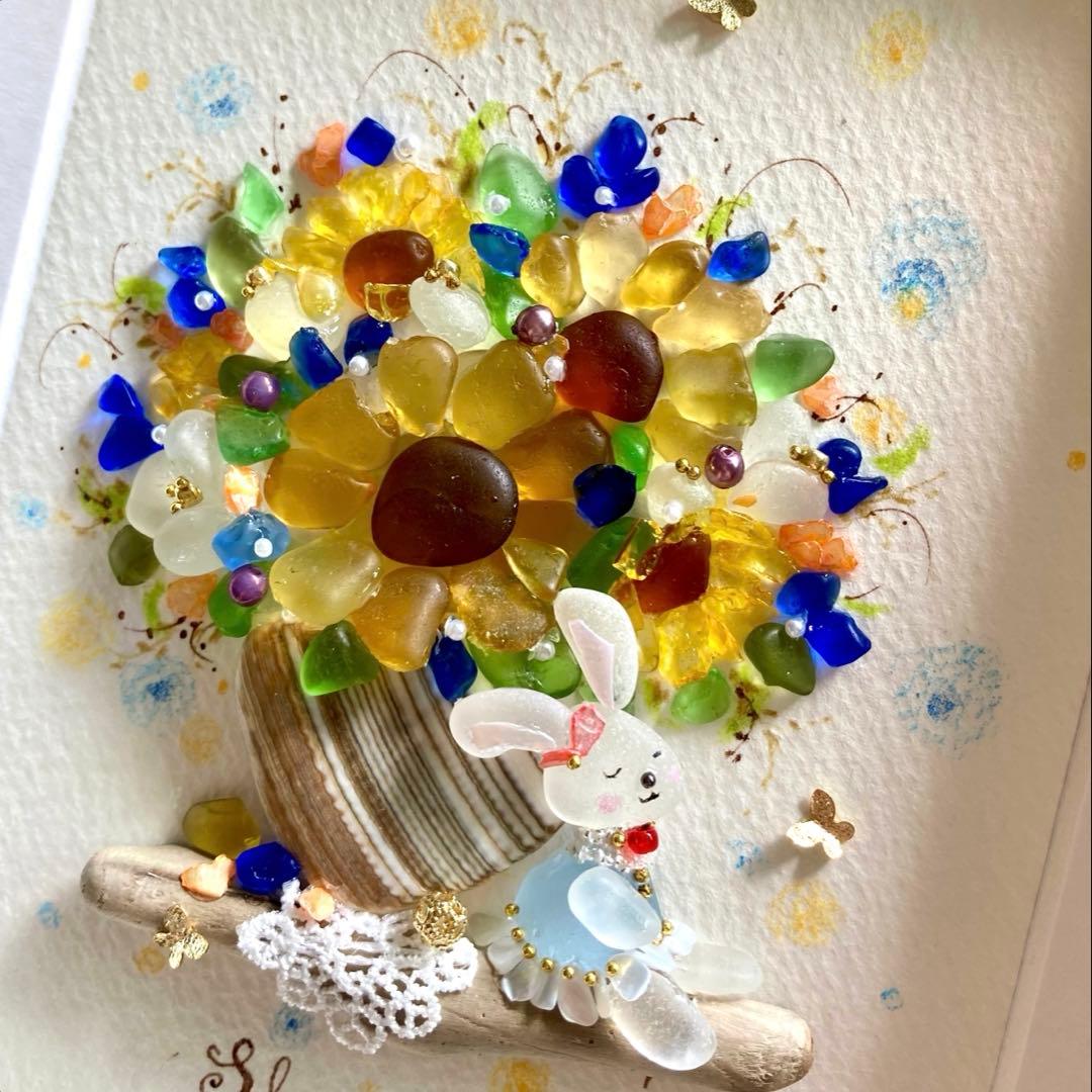 misa　向日葵とお昼寝うさぎ　シーグラス／天然石／夏／花