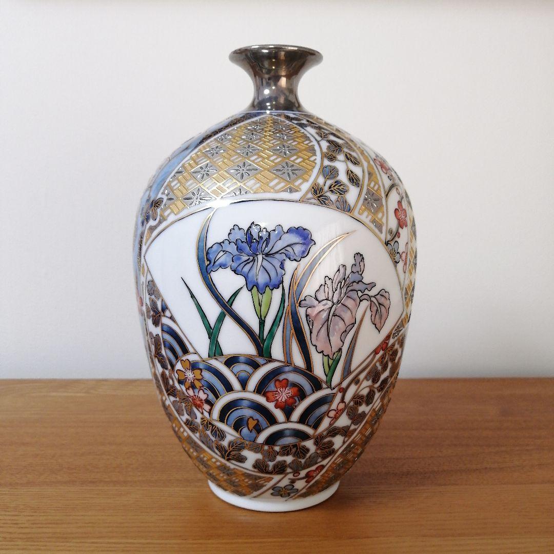 山本一洋 純プラチナ彩 琳派風菖蒲図 花瓶