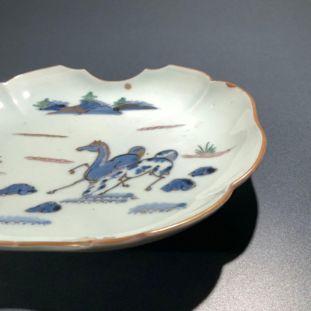 伊万里金襴手馬図変形皿 江戸 古伊万里 金直し R0917w1ダH