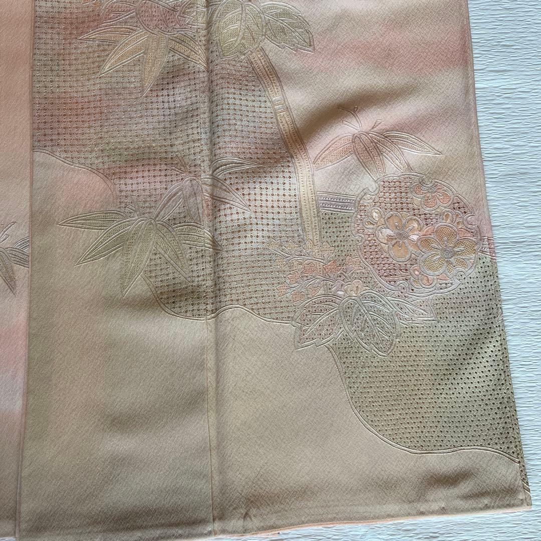 翠山刺繍】蘇州刺繍の訪問着 雪輪 竹 桐 薄いピンクオレンジ暈し