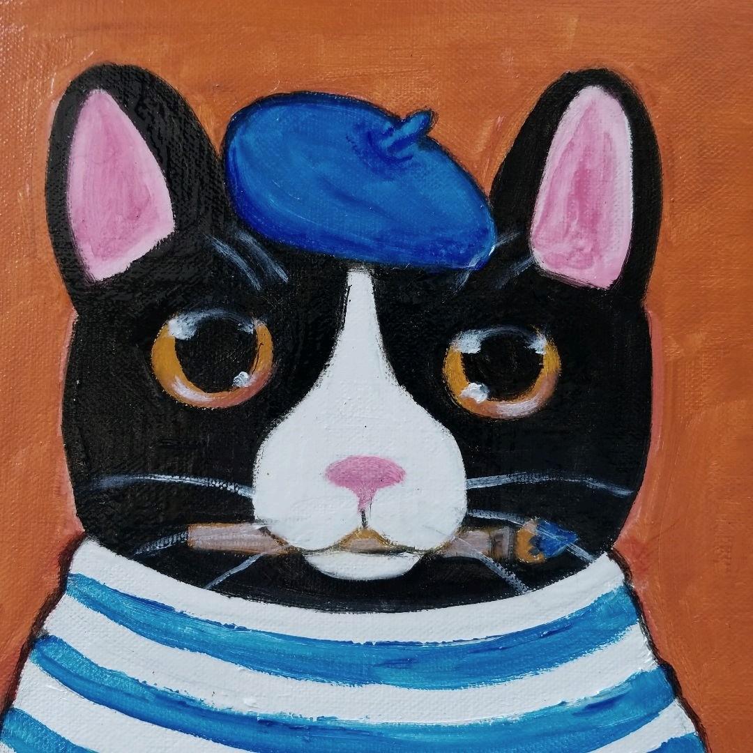 油絵 専用 バスクシャツを着て自画像を描く猫