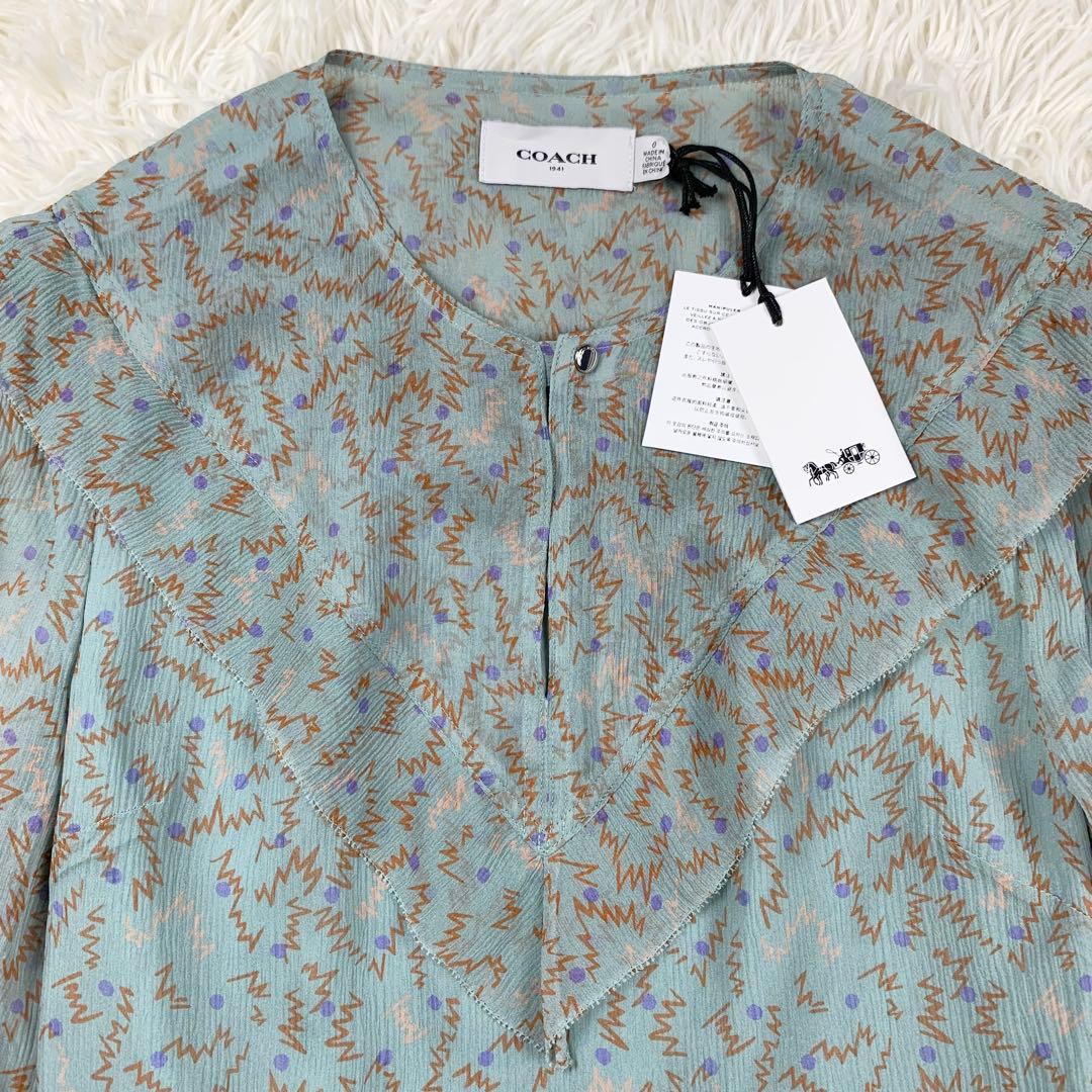 新品 COACH コーチ シルク100% シフォンワンピース 総柄 グリーン系