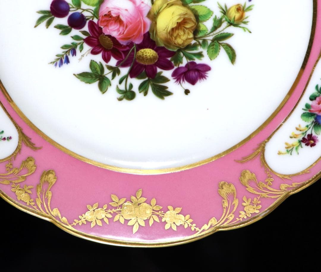 オールド・セーブル 美術館級1786年製淡紅地色絵金彩花文皿