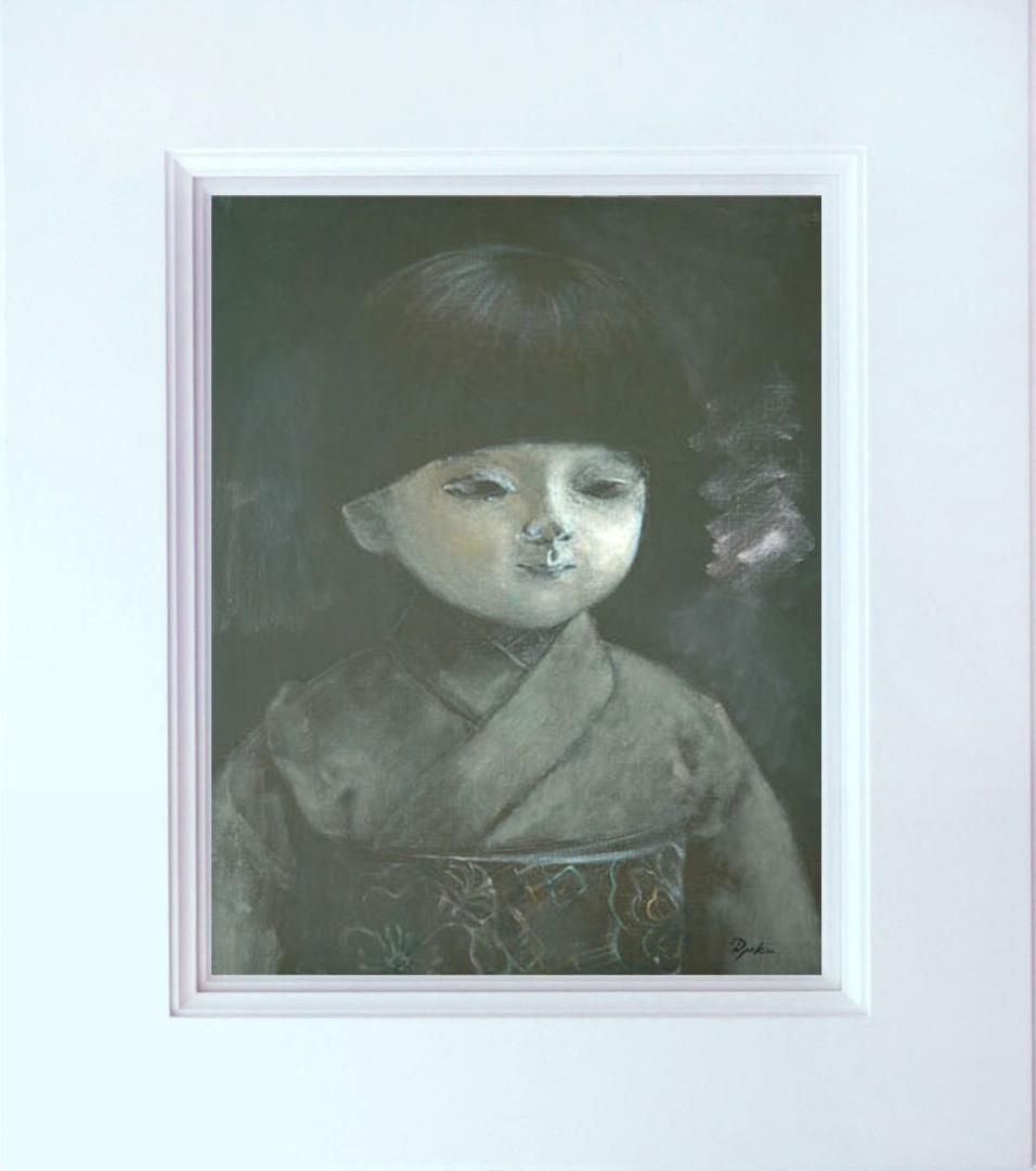 油絵 菅家令子 絵 絵画インテリア額付(青緑＋金色枠)F6-080118市松