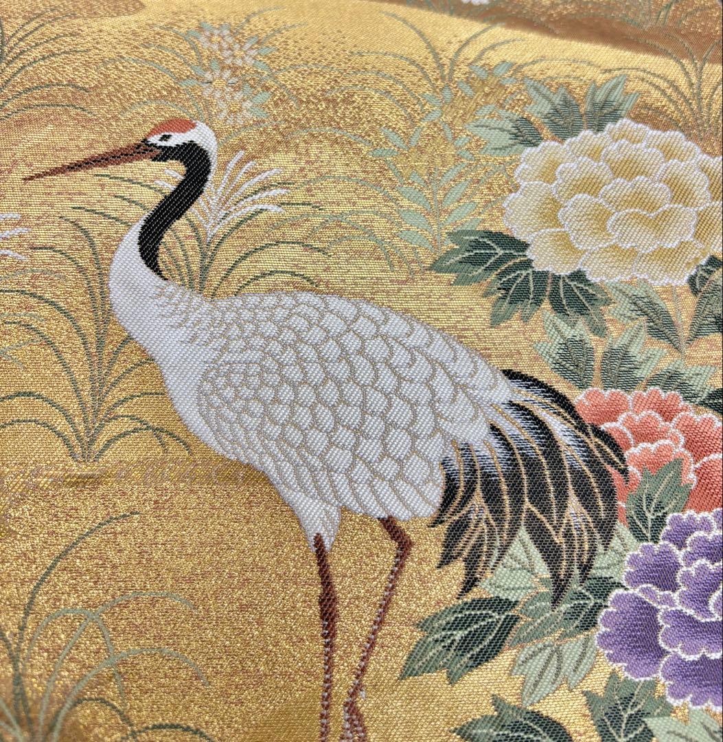 西陣　長嶋成織物　袋帯　瀞金錦 本金箔 寿鶴遠山文　正絹《ふ339》江戸小もーん