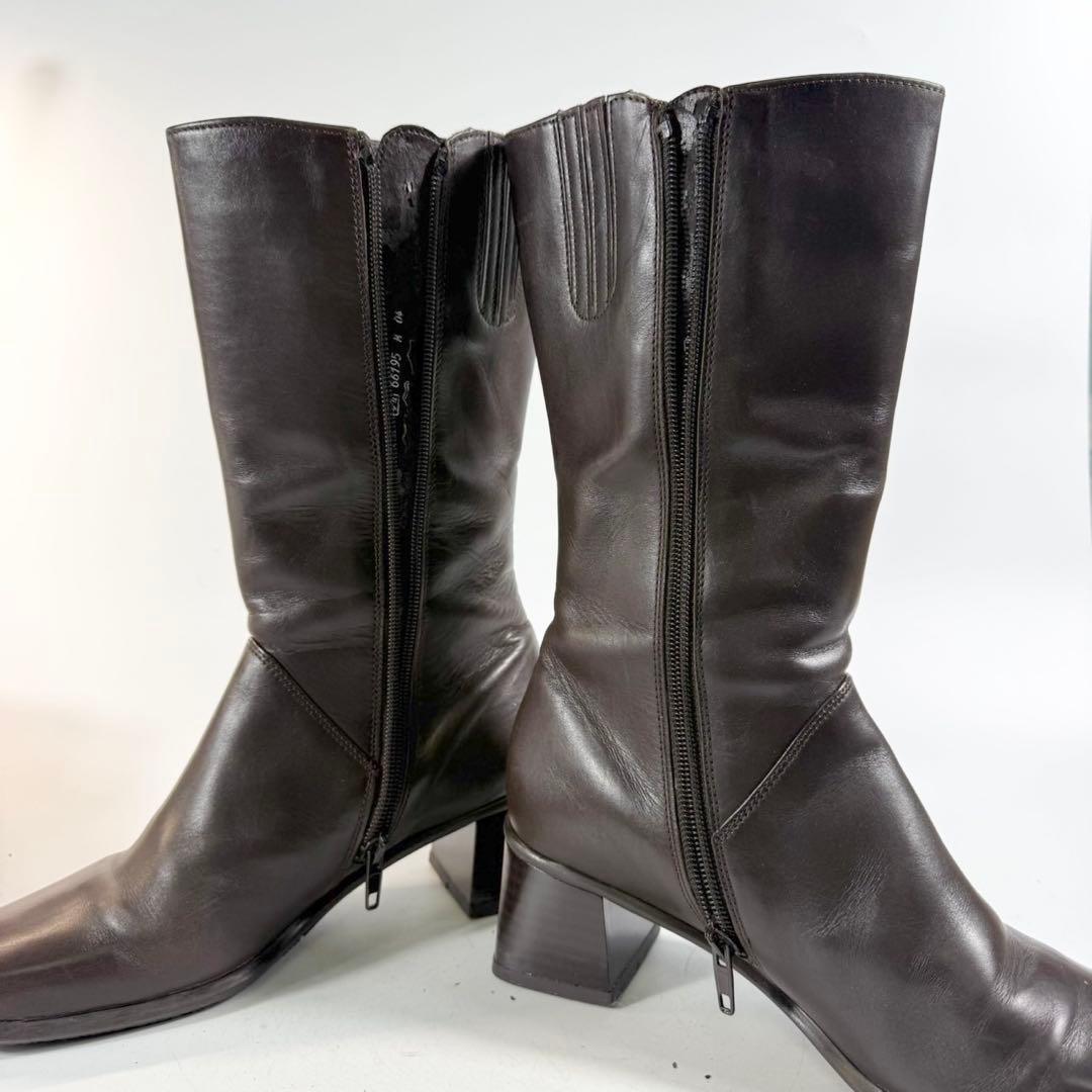 美品】Gabor ガボール ロングブーツ 本革サイドジップ スクエアトゥ 茶