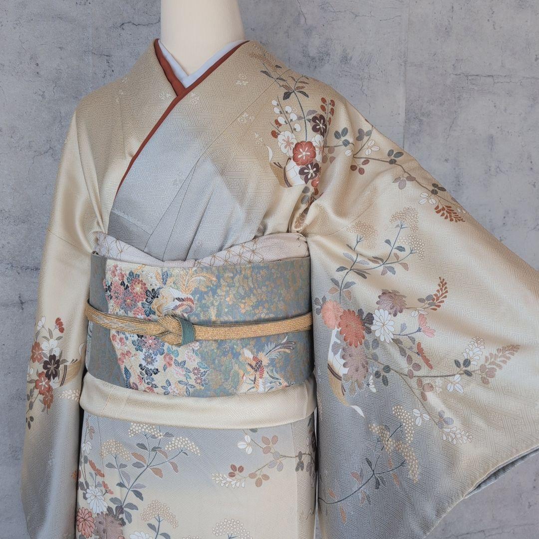 訪問着 フルセット 着物 正絹 淡い黄色 トールサイズ 比翼仕立 花金駒