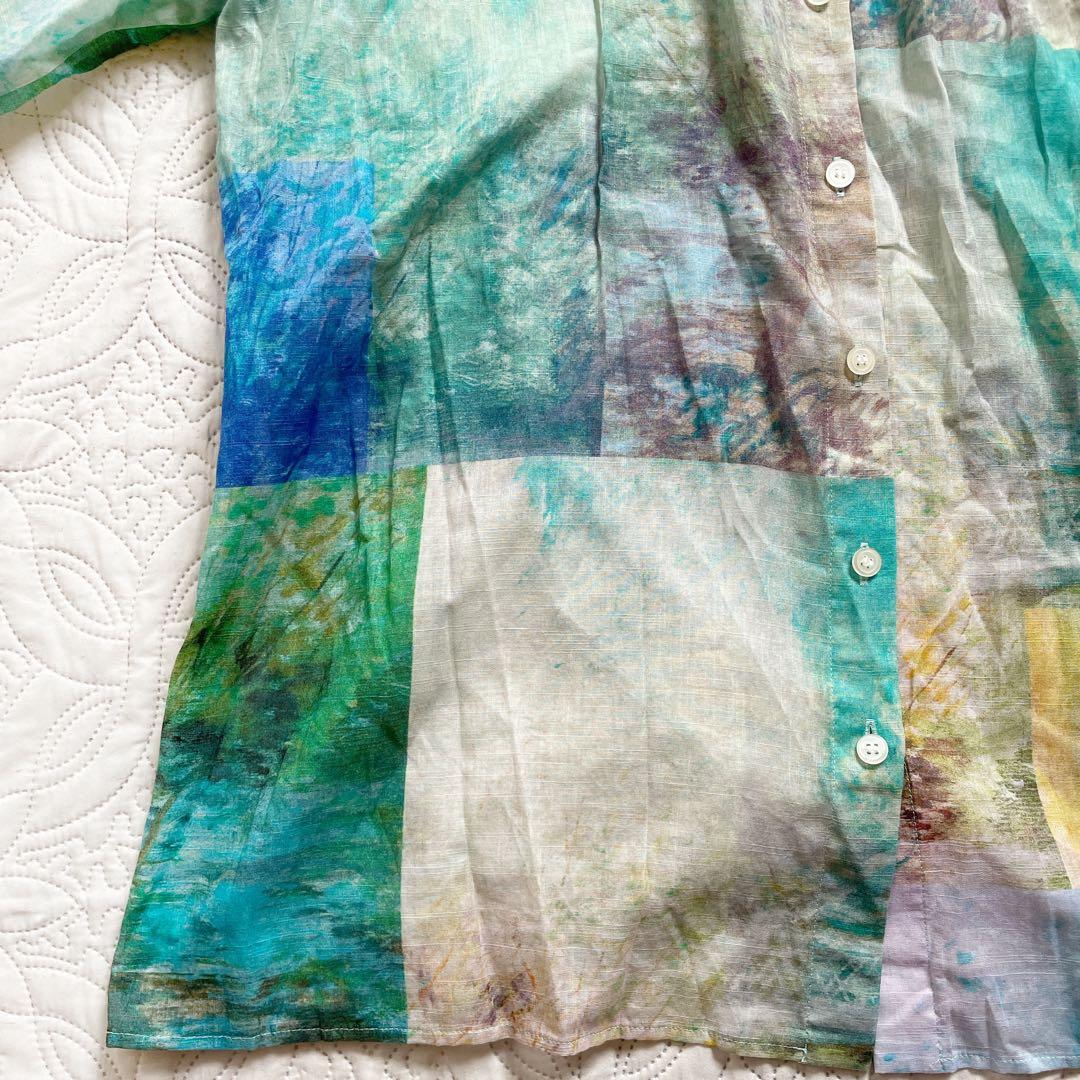 現行 レリアン ブラウス 11号 シアー素材 バンドカラー パッチワーク風