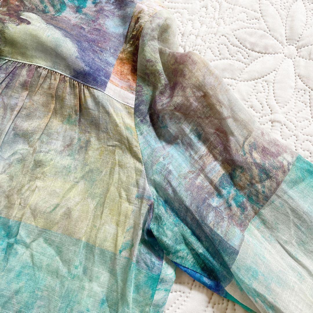 現行 レリアン ブラウス 11号 シアー素材 バンドカラー パッチワーク風