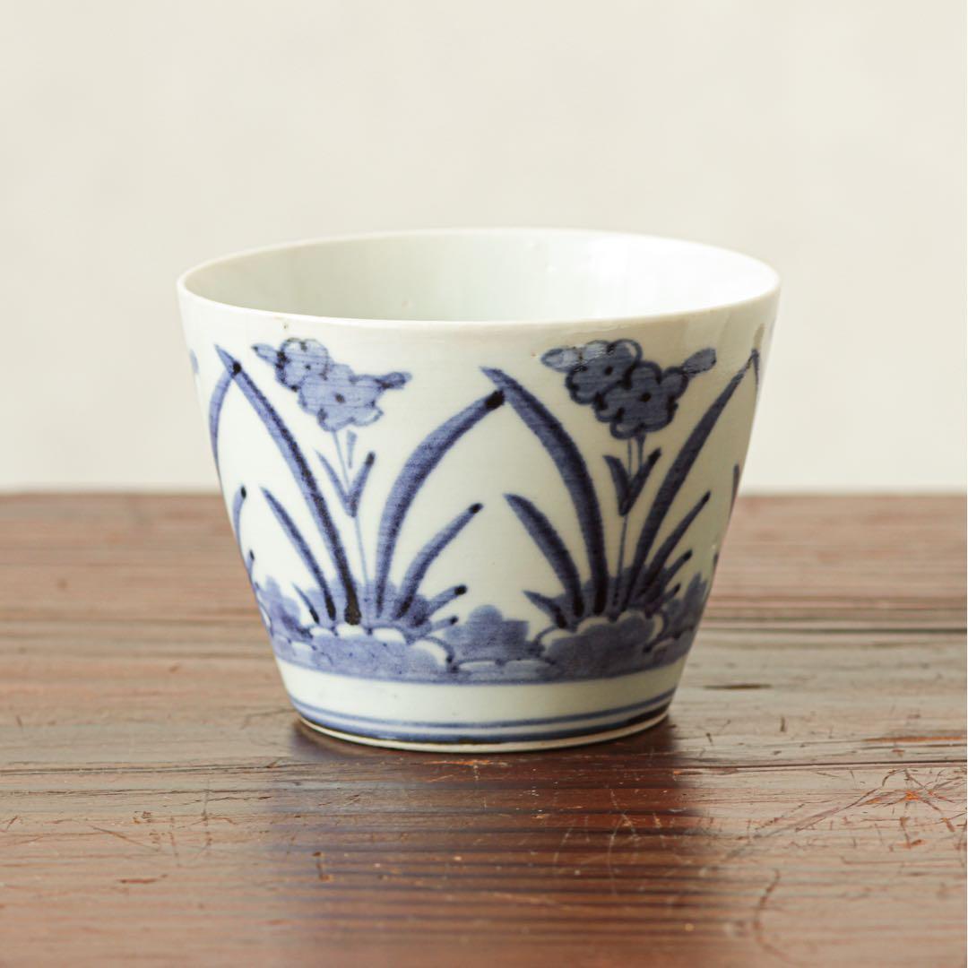 古伊万里 伊万里 江戸 中期 花文様 菖蒲 水仙 大きな!! 蕎麦猪口 染付