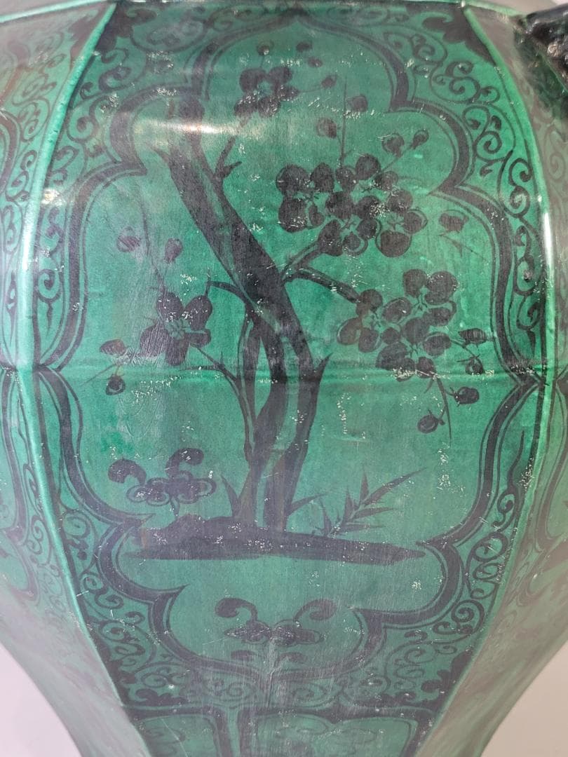 古い 中国 緑釉 獣耳 六角 瓶 高さ 39.5ｃｍ DT621