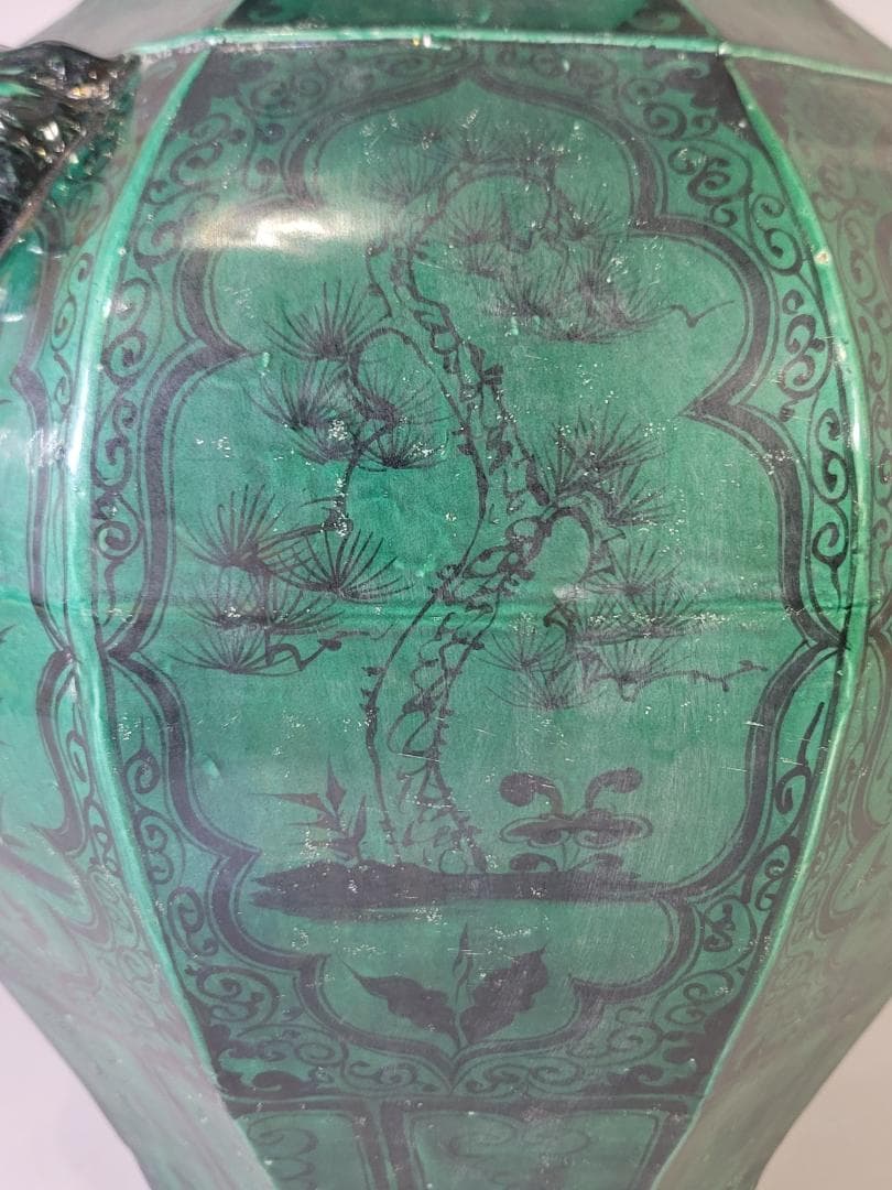 古い 中国 緑釉 獣耳 六角 瓶 高さ 39.5ｃｍ DT621