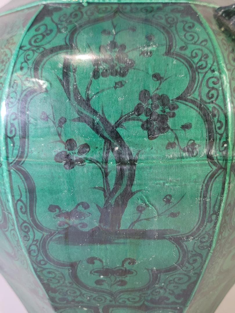 古い 中国 緑釉 獣耳 六角 瓶 高さ 39.5ｃｍ DT621