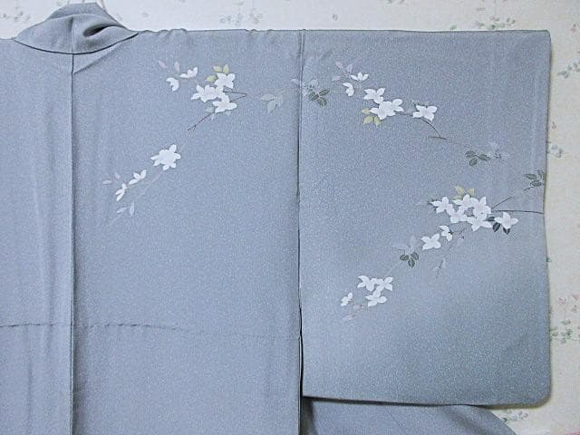 訪問着：美品：白い花と萩の花：淡いブルーグレー：袷正絹：P32