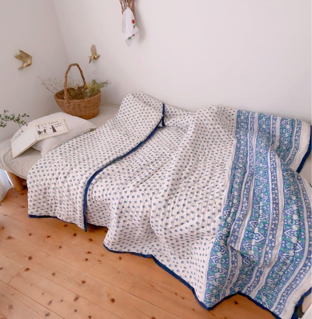 キルト　ブロックプリントキルト　インドの布団　ソファーカバー　ベッドカバー 限定1】ブロックプリントキルト（インド直輸入の手仕事）ソファー